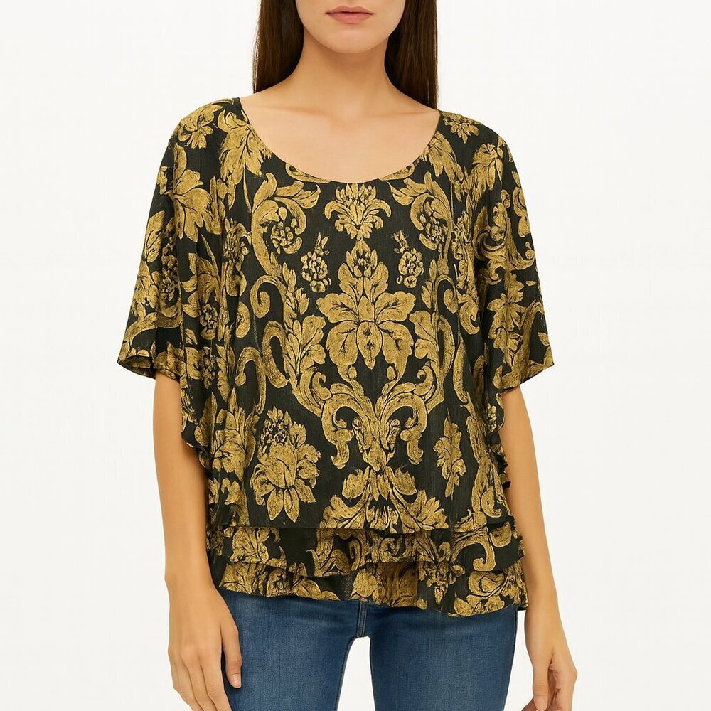 Alex Evenings Top Size 3X Black Gold Floral Ruffles Short Sleeve Flowy Dressy